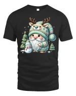 Cute Winter Gnome Tee with Reindeer Hat Snowy Christmas Tshirt - black t-shirt on white background
