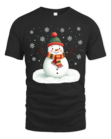 Cute Snowman Christmas Tee Happy Winter Snow Scene Graphic Tshirt - black t-shirt on white background