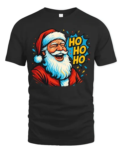 Funny Santa Ho Ho Ho Tee Bold Christmas Cartoon Graphic Tshirt - black t-shirt on white background