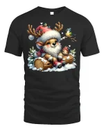 Cute Reindeer Christmas Tee with Birds - Winter Holiday Tshirt - black t-shirt on white background