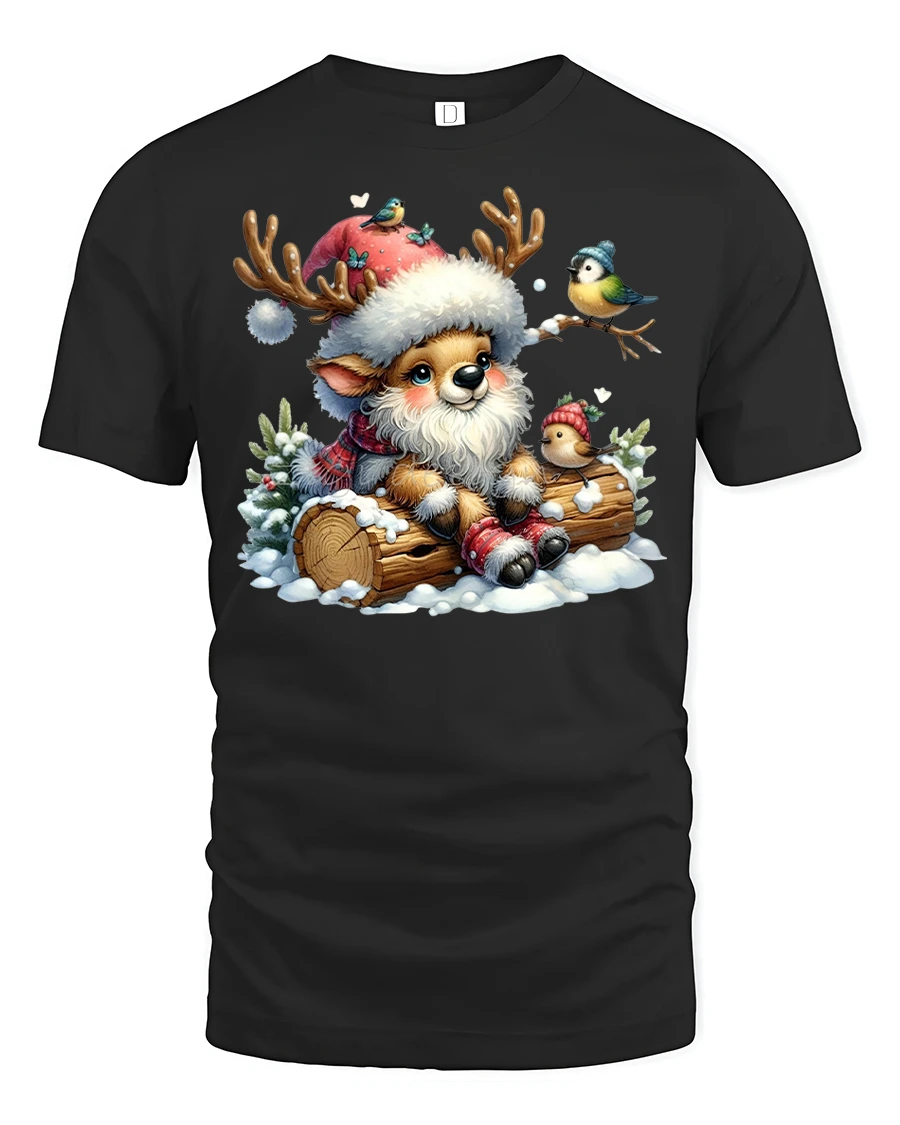 Cute Reindeer Christmas Tee with Birds - Winter Holiday Tshirt - 1 Cute Reindeer Christmas Tee with Birds - Winter Holiday Tshirt - black t-shirt on white background