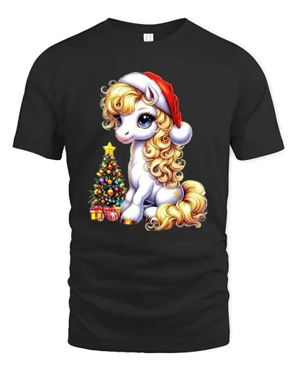 Cute Christmas Pony Tee with Santa Hat and Tree Holiday Tshirt - black t-shirt on white background