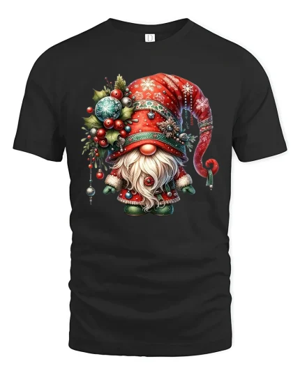Cute Christmas Gnome Tee with Ornament Hat Festive Holiday Tshirt - black t-shirt on white background