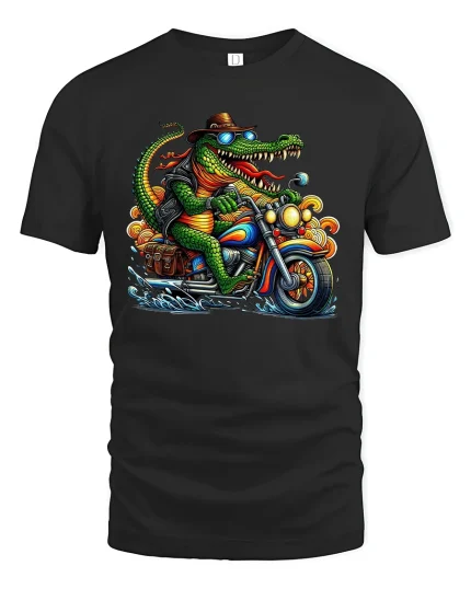 Cool Alligator Biker Tee Riding Motorcycle Funny Graphic Tshirt - black t-shirt on white background