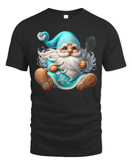 Cute Blue Christmas Gnome Baker Tee with Whisk Holiday Tshirt - black t-shirt on white background