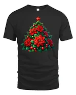 Poinsettia Christmas Tree Tee Beautiful Holiday Floral Tshirt - black t-shirt on white background
