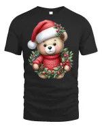 Cute Christmas Teddy Bear Tee in Wreath Red Holiday Graphic Tshirt - black t-shirt on white background