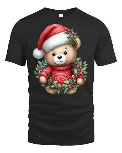 Cute Christmas Teddy Bear Tee in Wreath Red Holiday Graphic Tshirt - black t-shirt on white background
