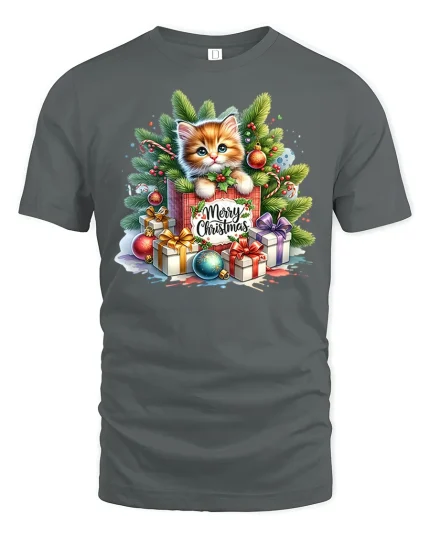 Cute Christmas Kitten Tee in Gift Box Merry Holiday Graphic Tshirt - gray t-shirt on white background