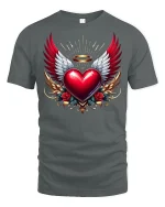 Winged Heart Angel Halo Tee Bold Artistic Love Graphic Tshirt - gray t-shirt on white background