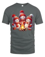 Cute Snowman Campfire Tee Cozy Christmas Winter Scene Tshirt - gray t-shirt on white background
