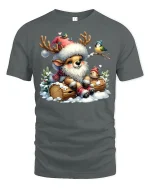 Cute Reindeer Christmas Tee with Birds - Winter Holiday Tshirt - gray t-shirt on white background
