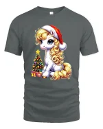 Cute Christmas Pony Tee with Santa Hat and Tree Holiday Tshirt - gray t-shirt on white background