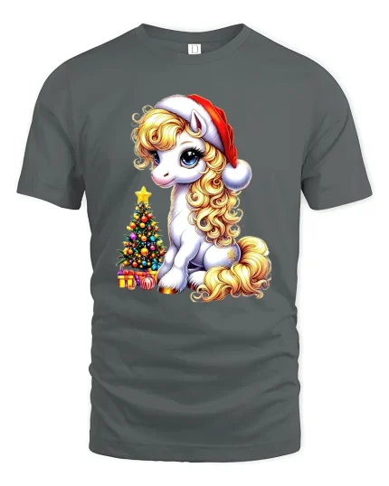 Cute Christmas Pony Tee with Santa Hat and Tree Holiday Tshirt - gray t-shirt on white background
