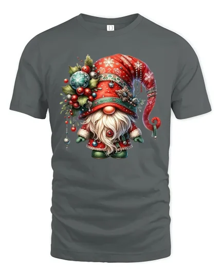 Cute Christmas Gnome Tee with Ornament Hat Festive Holiday Tshirt - gray t-shirt on white background
