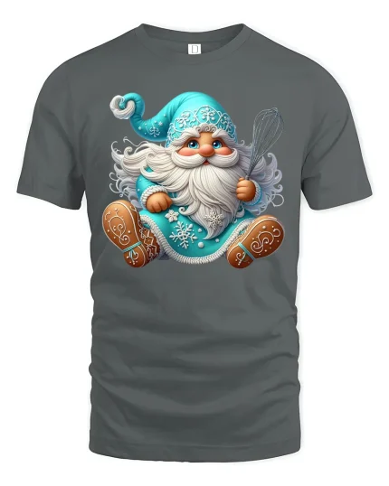 Cute Blue Christmas Gnome Baker Tee with Whisk Holiday Tshirt - gray t-shirt on white background