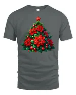 Poinsettia Christmas Tree Tee Beautiful Holiday Floral Tshirt - gray t-shirt on white background