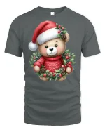 Cute Christmas Teddy Bear Tee in Wreath Red Holiday Graphic Tshirt - gray t-shirt on white background