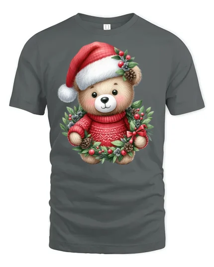 Cute Christmas Teddy Bear Tee in Wreath Red Holiday Graphic Tshirt - gray t-shirt on white background
