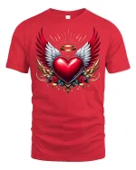 Winged Heart Angel Halo Tee Bold Artistic Love Graphic Tshirt - red t-shirt on white background