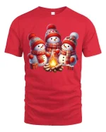 Cute Snowman Campfire Tee Cozy Christmas Winter Scene Tshirt - red t-shirt on white background