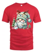 Cute Winter Gnome Tee with Reindeer Hat Snowy Christmas Tshirt - red t-shirt on white background