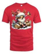 Cute Reindeer Christmas Tee with Birds - Winter Holiday Tshirt - red t-shirt on white background