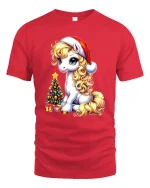 Cute Christmas Pony Tee with Santa Hat and Tree Holiday Tshirt - red t-shirt on white background