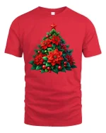 Poinsettia Christmas Tree Tee Beautiful Holiday Floral Tshirt - red t-shirt on white background
