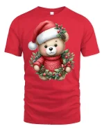 Cute Christmas Teddy Bear Tee in Wreath Red Holiday Graphic Tshirt - red t-shirt on white background