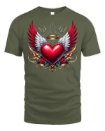 Winged Heart Angel Halo Tee Bold Artistic Love Graphic Tshirt - military green t-shirt on white background