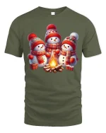 Cute Snowman Campfire Tee Cozy Christmas Winter Scene Tshirt - military green t-shirt on white background