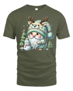 Cute Winter Gnome Tee with Reindeer Hat Snowy Christmas Tshirt - military green t-shirt on white background