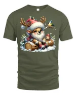 Cute Reindeer Christmas Tee with Birds - Winter Holiday Tshirt - military green t-shirt on white background