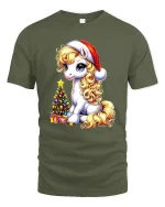 Cute Christmas Pony Tee with Santa Hat and Tree Holiday Tshirt - military green t-shirt on white background