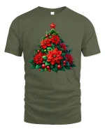 Poinsettia Christmas Tree Tee Beautiful Holiday Floral Tshirt - military green t-shirt on white background