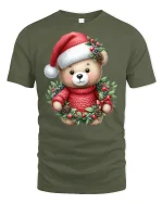 Cute Christmas Teddy Bear Tee in Wreath Red Holiday Graphic Tshirt - military green t-shirt on white background