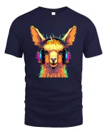 Colorful Llama Headphones Tee Cool Music Lover Graphic Tshirt - navy t-shirt on white background