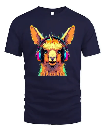 Colorful Llama Headphones Tee Cool Music Lover Graphic Tshirt - navy t-shirt on white background