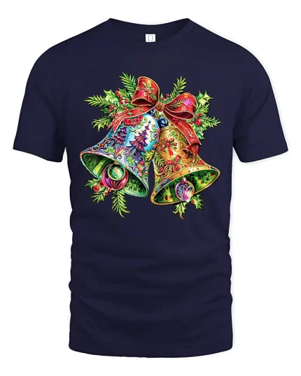 Colorful Christmas Bells Tee Bright Holiday Bow Graphic Tshirt - navy t-shirt on white background