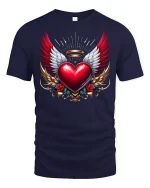 Winged Heart Angel Halo Tee Bold Artistic Love Graphic Tshirt - navy t-shirt on white background