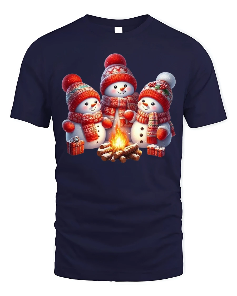 Cute Snowman Campfire Tee Cozy Christmas Winter Scene Tshirt - 1 Cute Snowman Campfire Tee Cozy Christmas Winter Scene Tshirt - navy t-shirt on white background