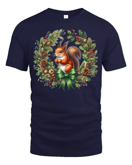 Cute Christmas Squirrel Tee in Wreath Green Holiday Graphic Tshirt - navy t-shirt on white background