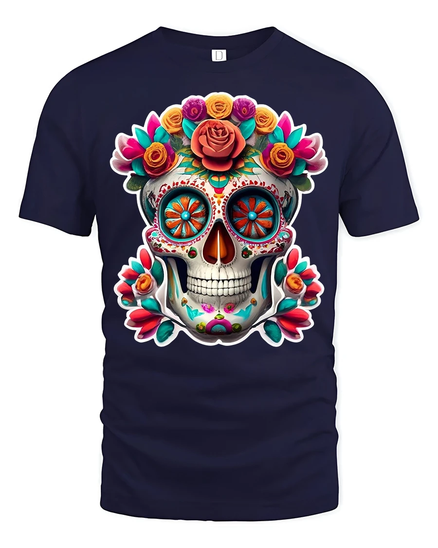 Colorful Sugar Skull Tee Bright Floral Day of the Dead Tshirt - 1 Colorful Sugar Skull Tee Bright Floral Day of the Dead Tshirt - navy t-shirt on white background