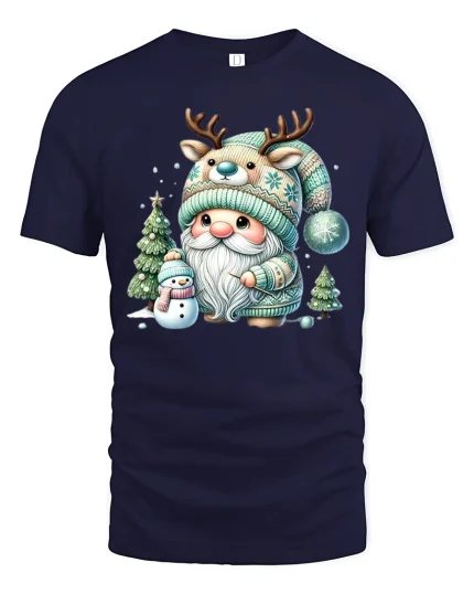 Cute Winter Gnome Tee with Reindeer Hat Snowy Christmas Tshirt - navy t-shirt on white background