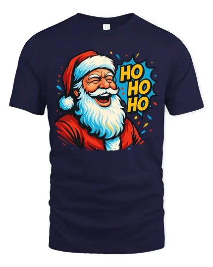Funny Santa Ho Ho Ho Tee Bold Christmas Cartoon Graphic Tshirt - navy t-shirt on white background
