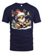 Cute Reindeer Christmas Tee with Birds - Winter Holiday Tshirt - navy t-shirt on white background