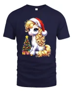 Cute Christmas Pony Tee with Santa Hat and Tree Holiday Tshirt - navy t-shirt on white background