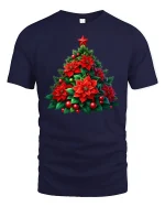Poinsettia Christmas Tree Tee Beautiful Holiday Floral Tshirt - navy t-shirt on white background