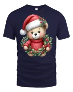 Cute Christmas Teddy Bear Tee in Wreath Red Holiday Graphic Tshirt - navy t-shirt on white background